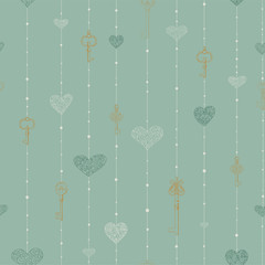 Vintage seamless pattern with hanging keys and hearts. 