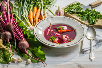 Beetroot soup with fresh vegetables