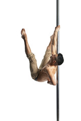 Young strong pole dance man isolated