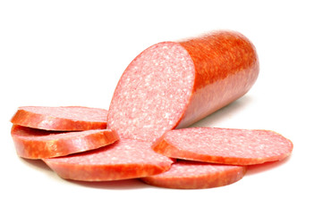 Cooked and smoked sausage on a white background