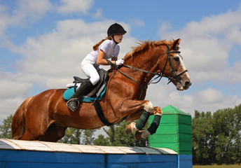 Young woman and her horse clear the wood wall obstacle