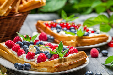 Closeup of waffels with cream and berry fruits