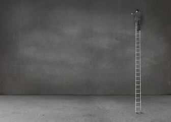 Businessman standing on a giant ladder in an empty room - obrazy, fototapety, plakaty