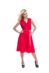 Beautiful woman standing against white backgound