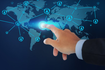 Close up of hand male pointing social network structure