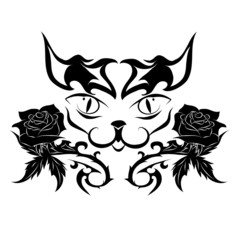 muzzle of a cat with roses - tattoo