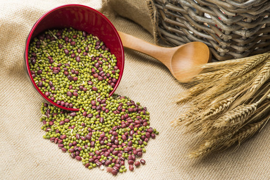 bowl of mixed beans on the burlap with wheat