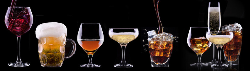 alcohol drinks set isolated on a black