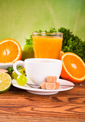 Naklejka na ściany i meble Breakfast including coffee,carrot,orange juice, muesli