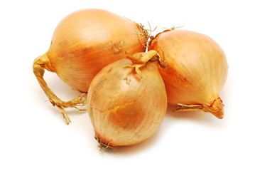 Three gold onions on white backgroud
