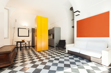apartment in old building, interior, checkered floor