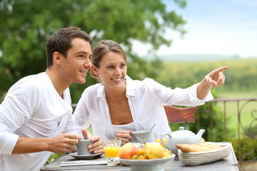 Romantic breakfast in hotel garden