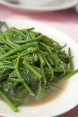 Chayote cooked with oyster sauce in white plate