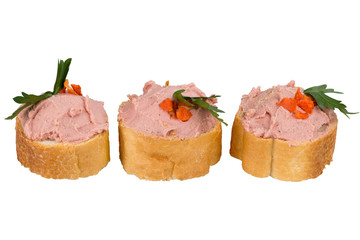 bread with pate and herbs on a white background