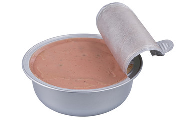 Pate in a metal jar isolated on white