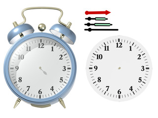 Blue alarm clock. 3d render. Put yourself time