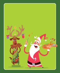 Naklejka premium Christmas concept greeting card with Santa Claus and reindeer