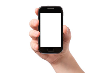 Hand holding smartphone with white screen