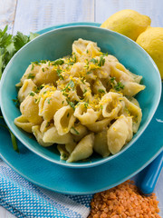 pasta with lentils cream sauce, lemon peel and parsley
