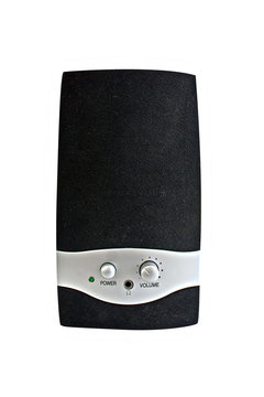 Small black desktop speakers on white background