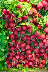 Stack of Red Radishes in a Grocery Store Produce Department