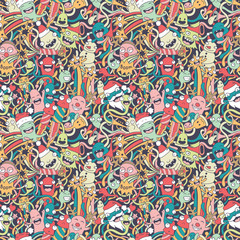 Christmas seamless pattern with cute crazy monsters