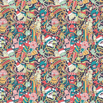 Fototapeta Christmas seamless pattern with cute crazy monsters