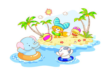 cute animals cartoon are playing on the beach
