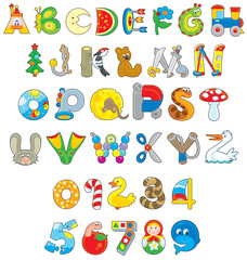 English alphabet and numerals with toys