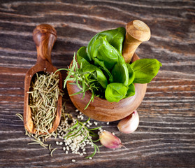 Macro composition of Italian cooking ingredients, garlic, rosema