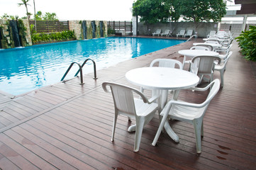 Table with chairs standing against the swimming pool