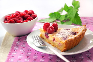 Almond tart with raspberries and white chocolate