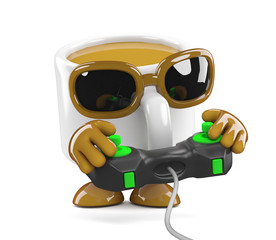 Coffee cup plays videogames all day