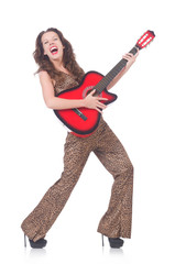 Woman in leopard clothing on white with guitar