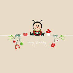 Ladybeetle & Symbols Beige Birthday Card