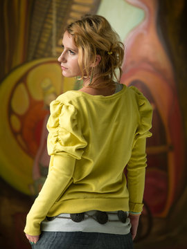 beautiful woman visiting art exhibition
