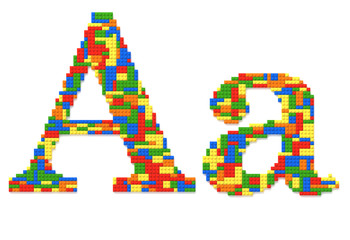 Letter A built from toy bricks in random colors