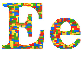 Letter E built from toy bricks in random colors