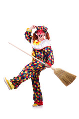 Clown with broom isolated on white