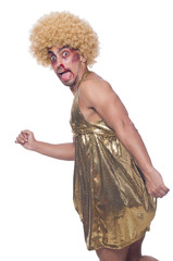 Man wearing woman clothing on white