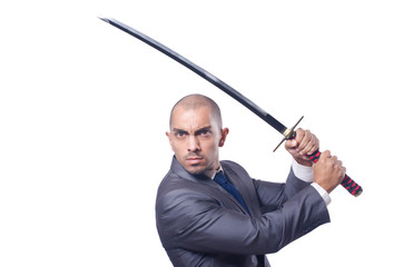Businessman with sword isolated on white