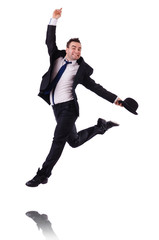 Fototapeta na wymiar Funny businessman jumping on white