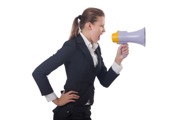 Woman with loudspeaker on white