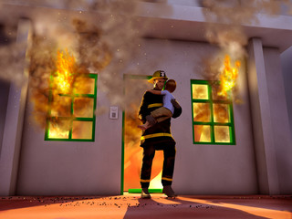 Bombero salvando a un niño de un incendio