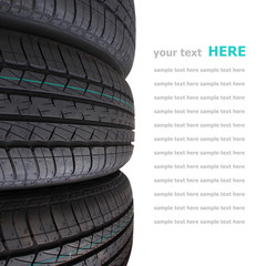 Tire stack selective focus isolated on white background