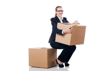 Woman businesswoman with boxes on white