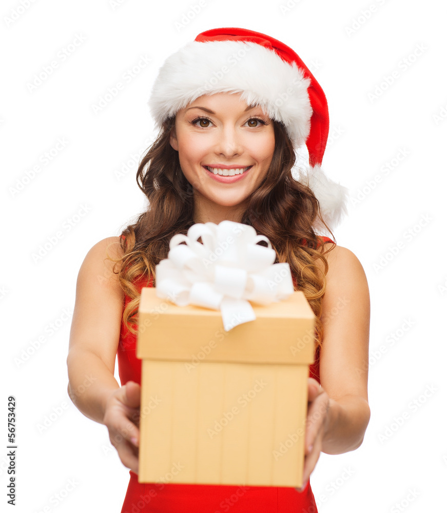 Poster smiling woman in santa helper hat with gift box