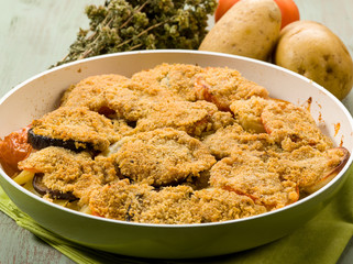 gratin with eggplants potatoes and tomatoes