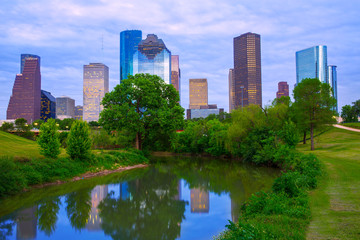 Fototapeta na wymiar Houston Texas modern skyline from park river