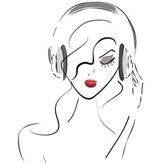 Girl with Headphones. Young Woman Listening to Music